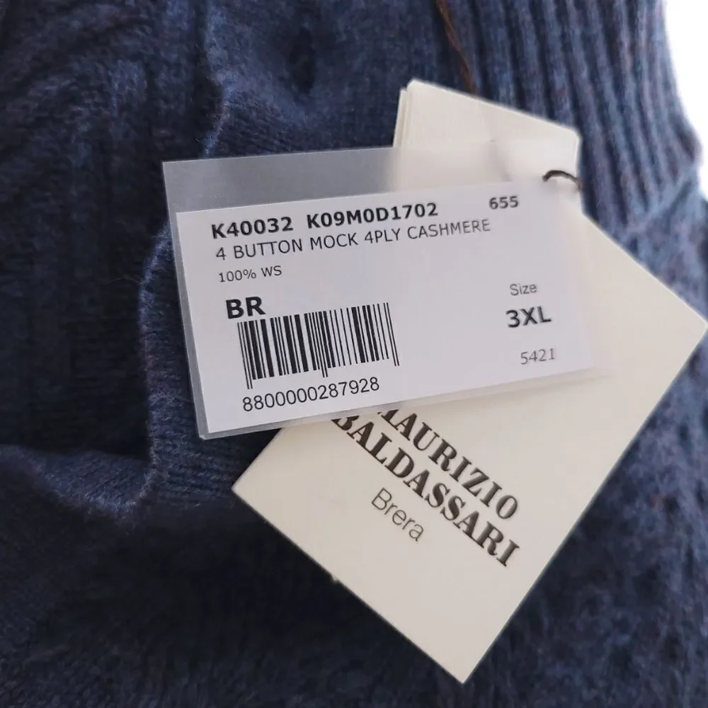 Mauricio Baldassari 4 Button Mock 4ply Cashmere Long Sleeve Mens Sweater 3XL